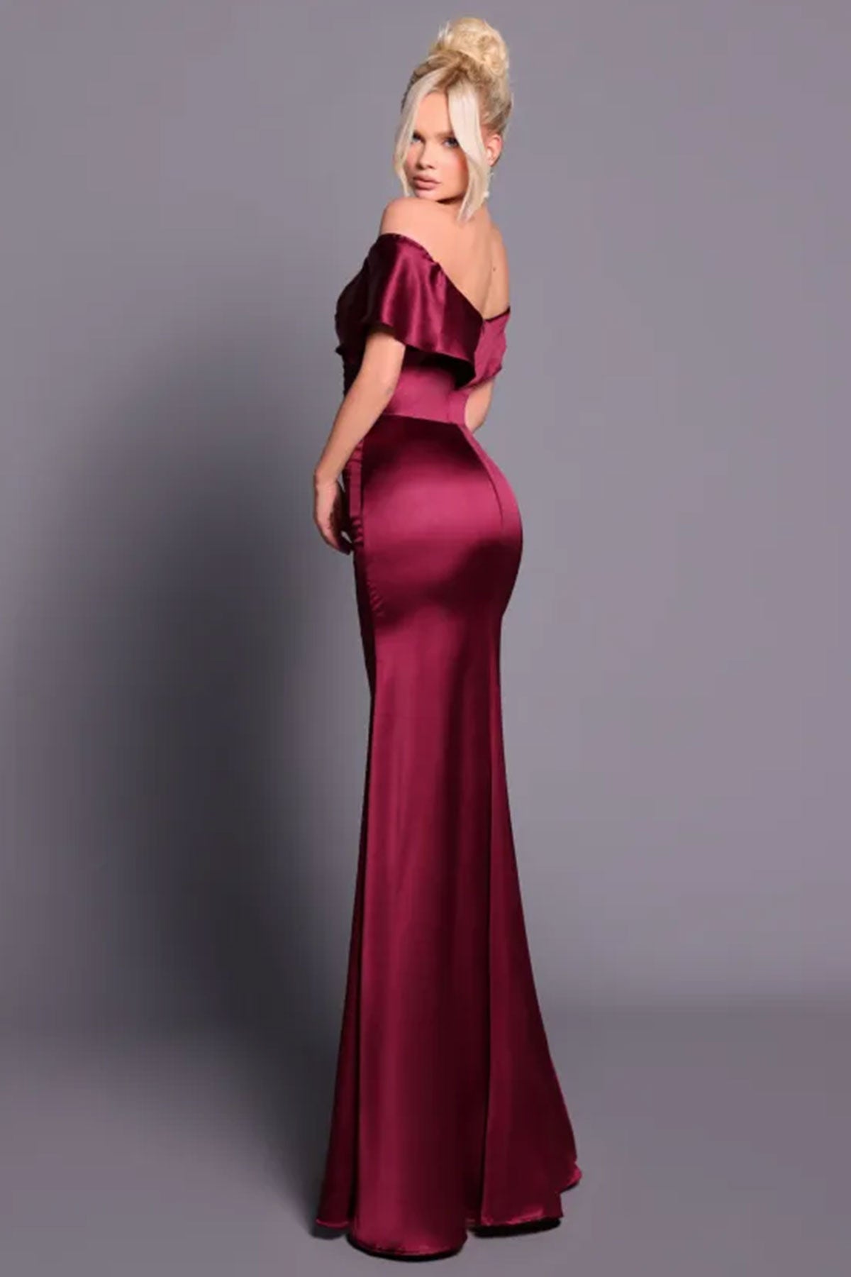JA Megan Bardot Burgundy Satin Gown