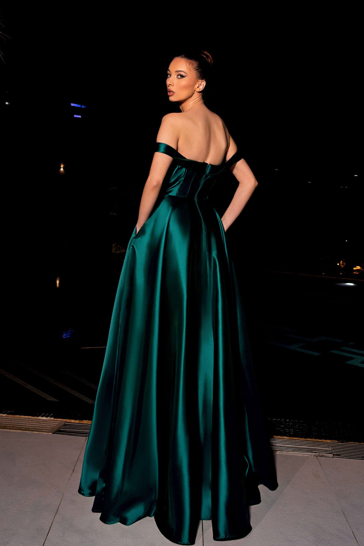 JA Gia Emerald Off Shoulder Flare Gown