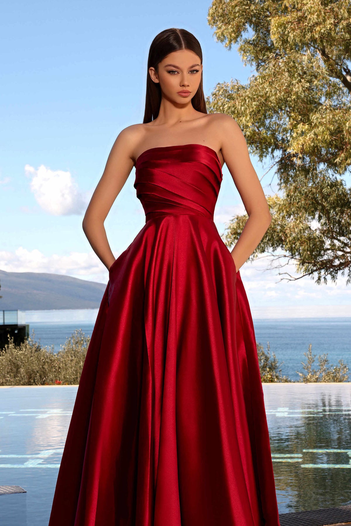 JA Catiana Maroon Flare Satin Gown