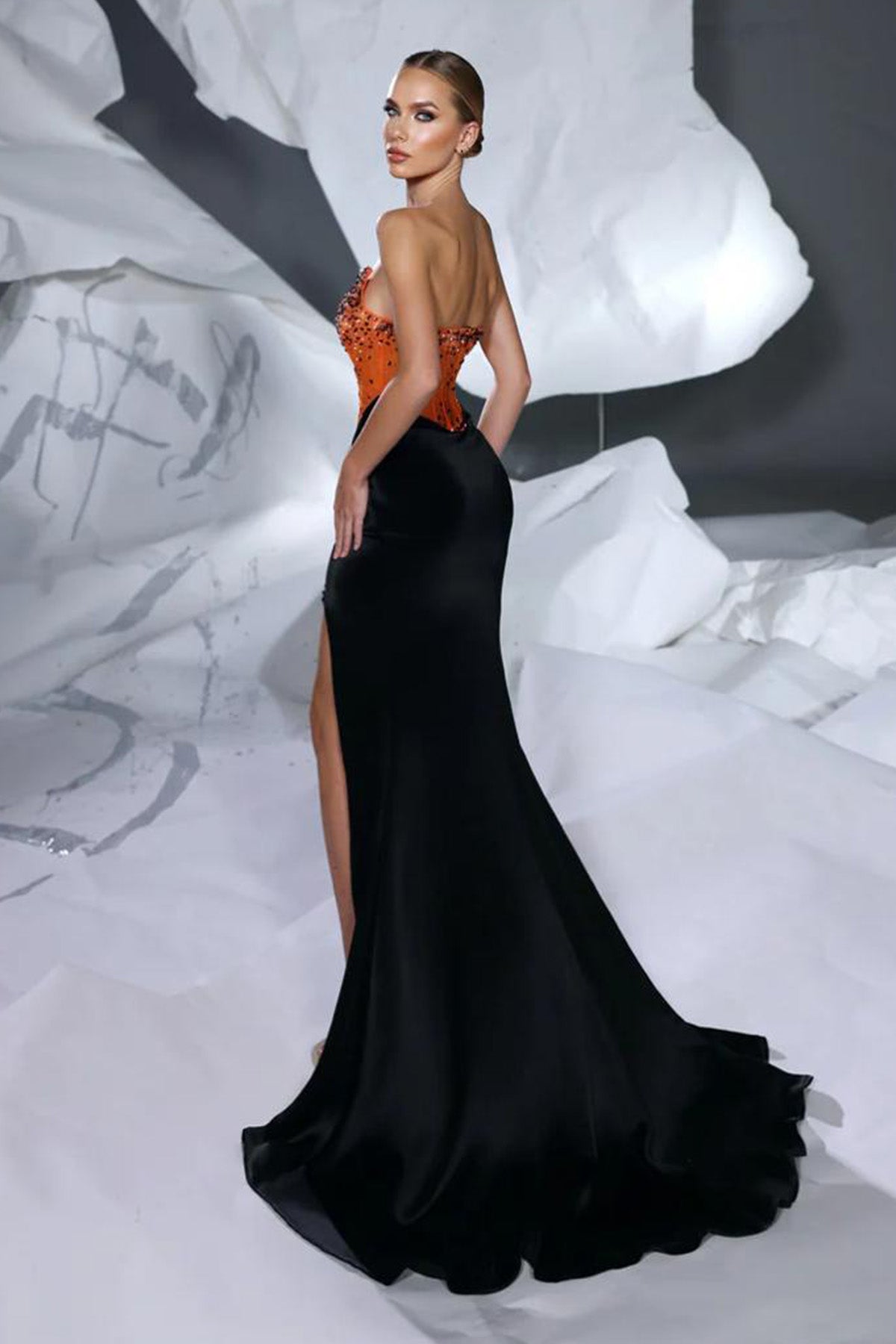 MD Orange Satin Mermaid Gown