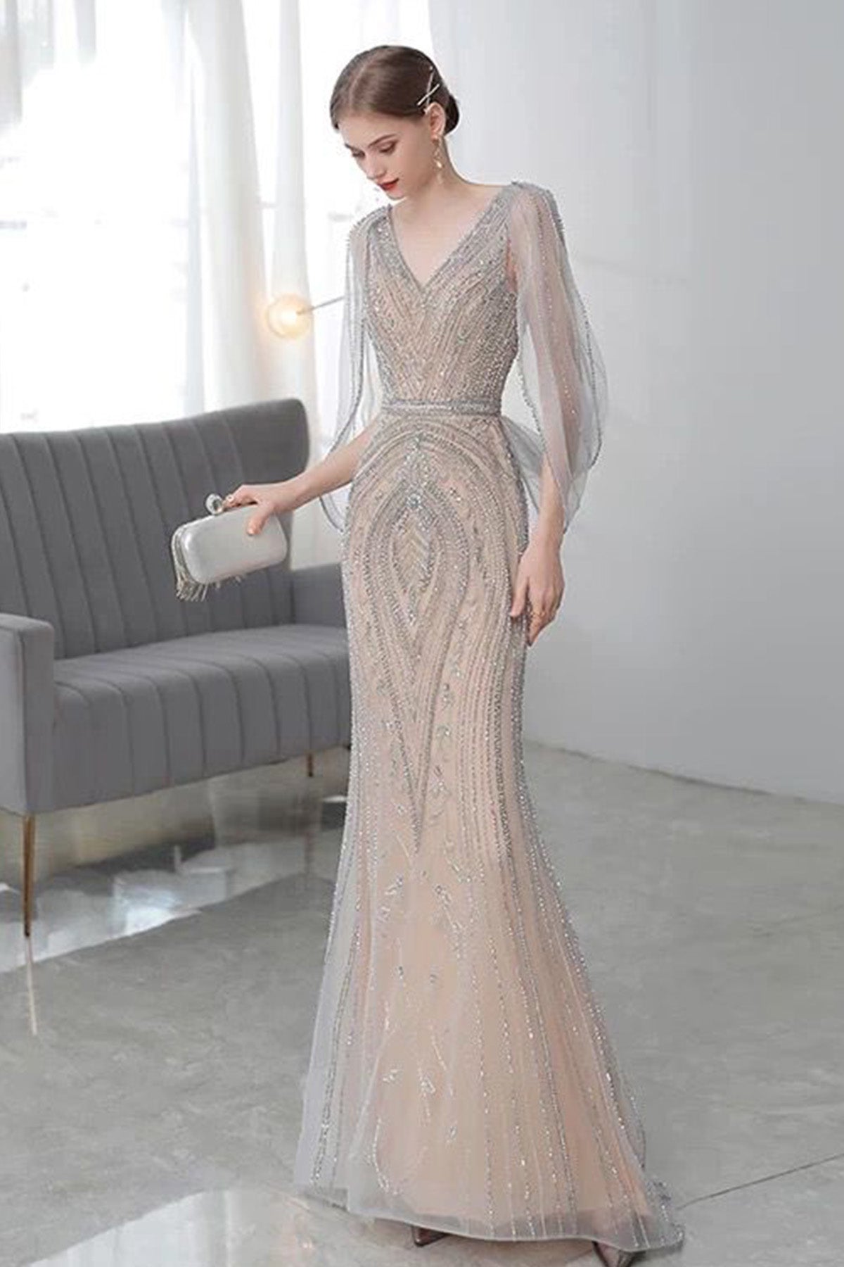 GH Cynthia SIlver Long Sleeve Gown