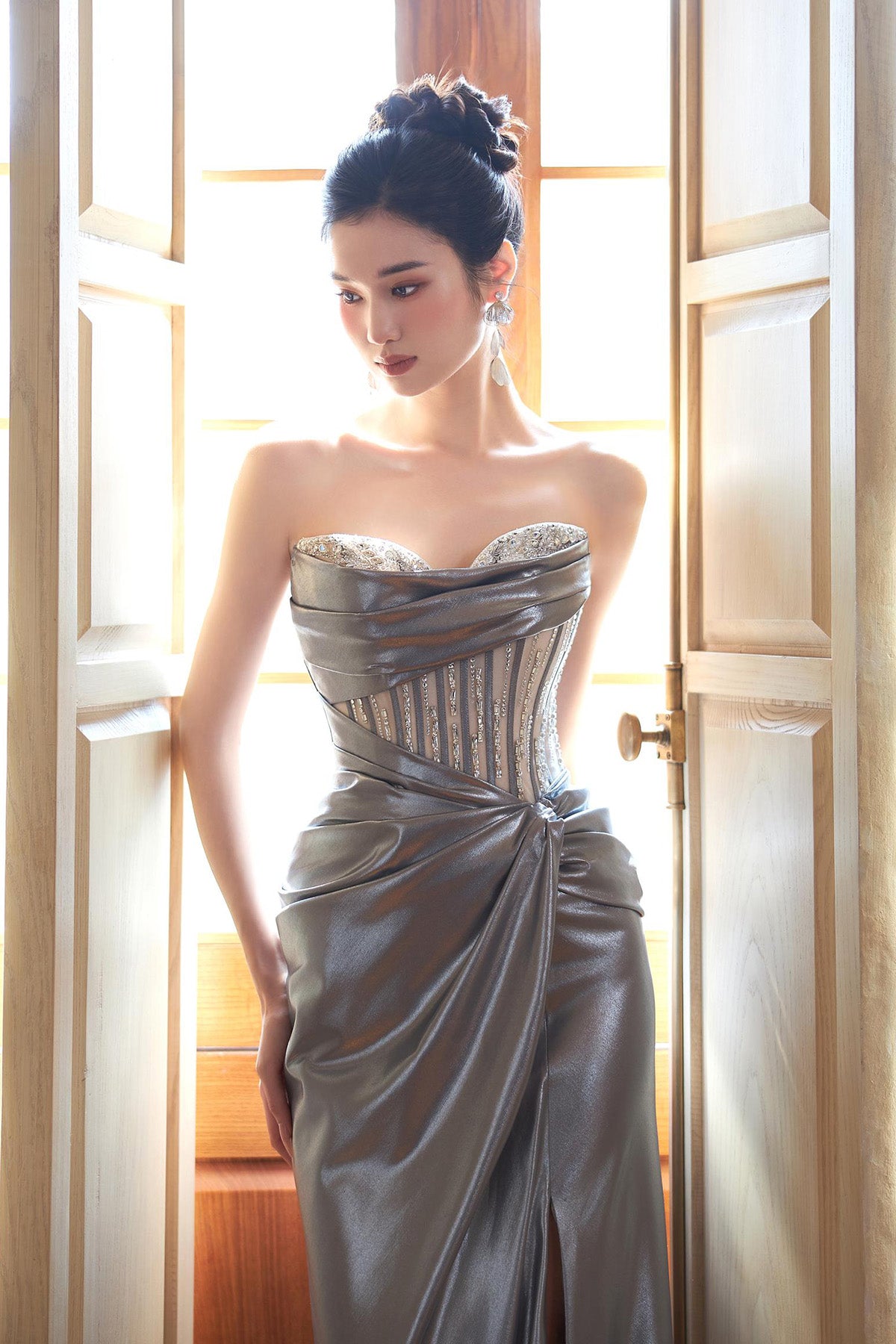 LX Myra Silver Satin Mermaid Gown