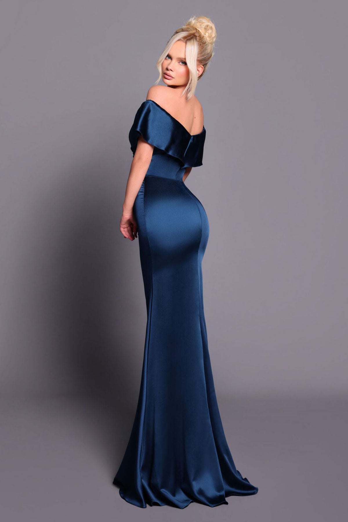JA Megan Bardot Teal Satin Gown