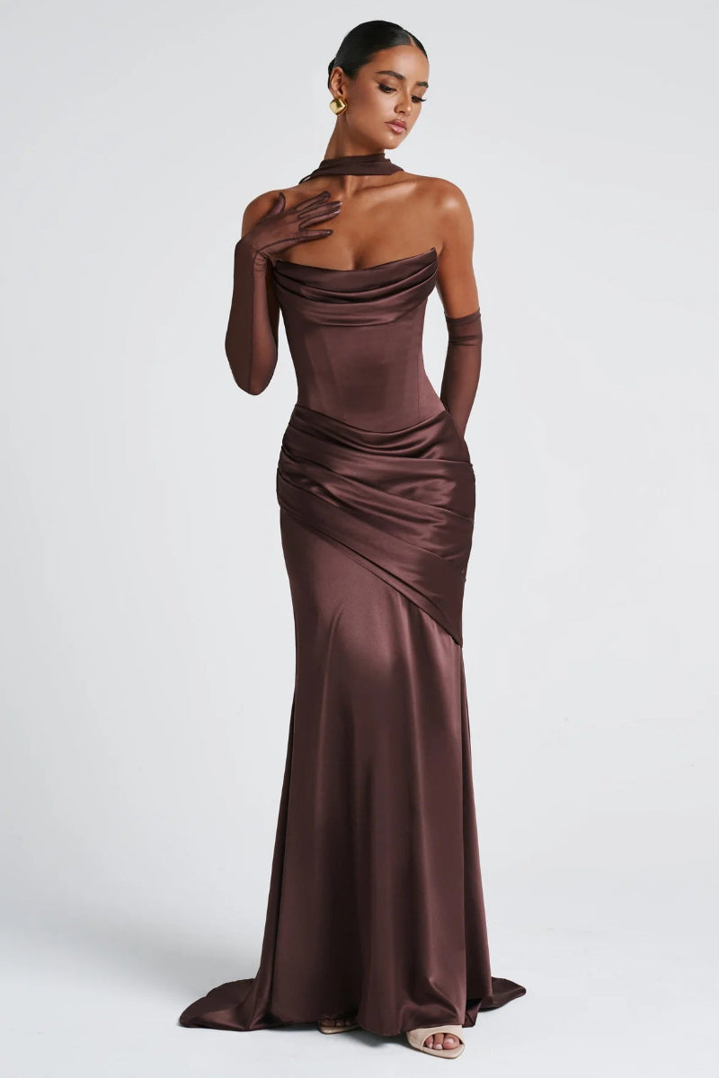 Boo Cowl Tube Espresso Satin Gown