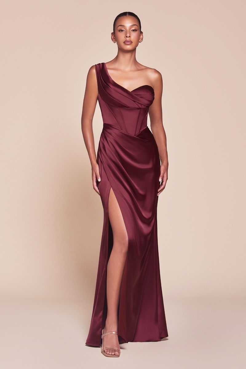 CD Thalia Burgundy One Shoulder Gown