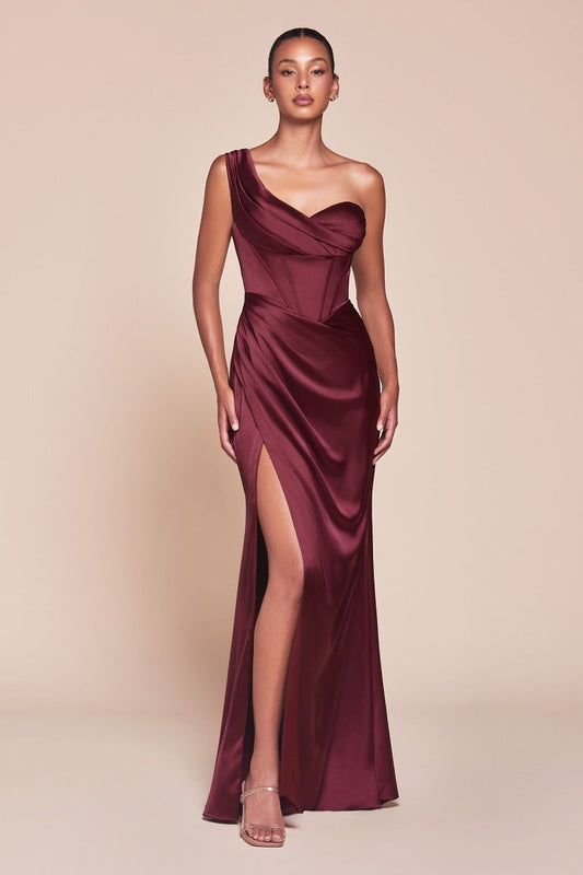 CD Thalia Burgundy One Shoulder Gown