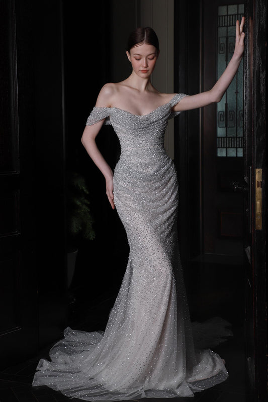 CS Crystal Silver Stone Cape Gown