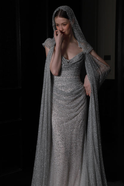 CS Crystal Silver Stone Cape Gown