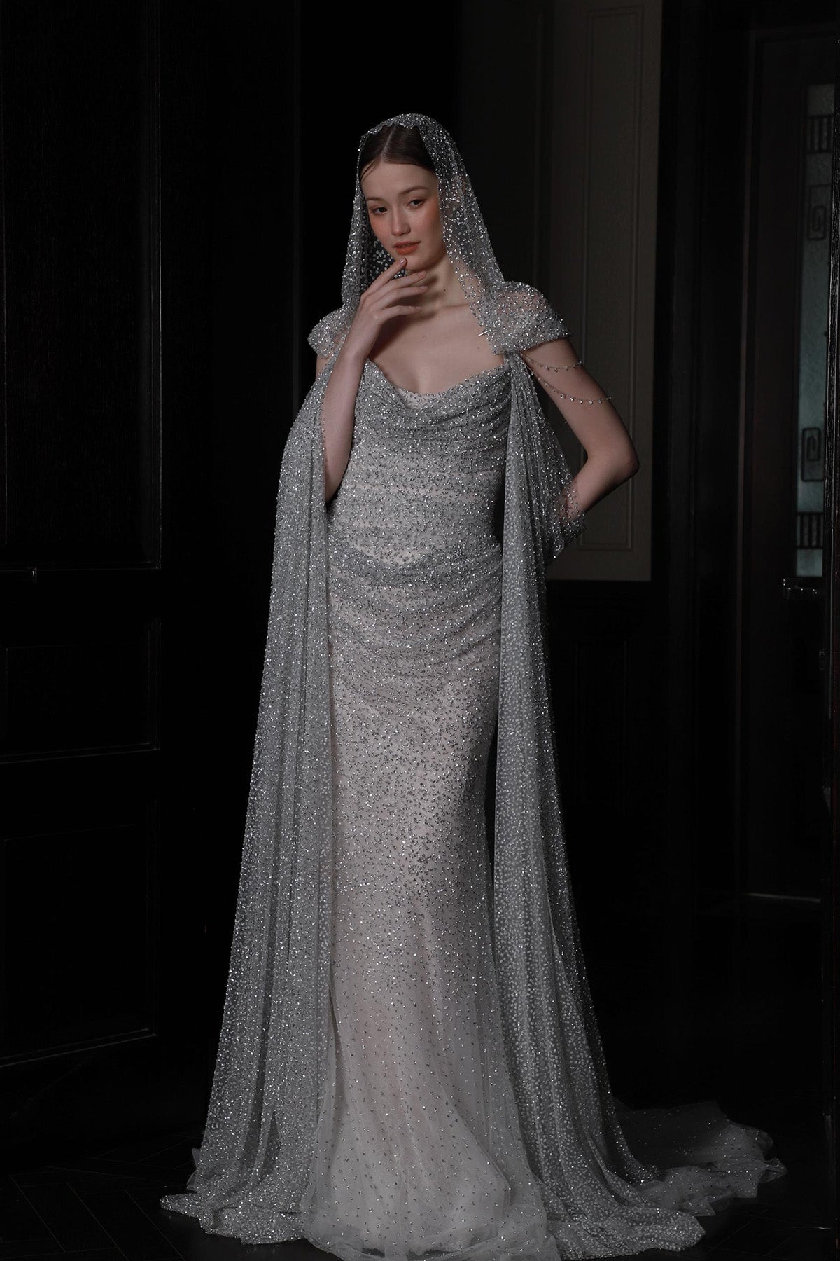 CS Crystal Silver Stone Cape Gown