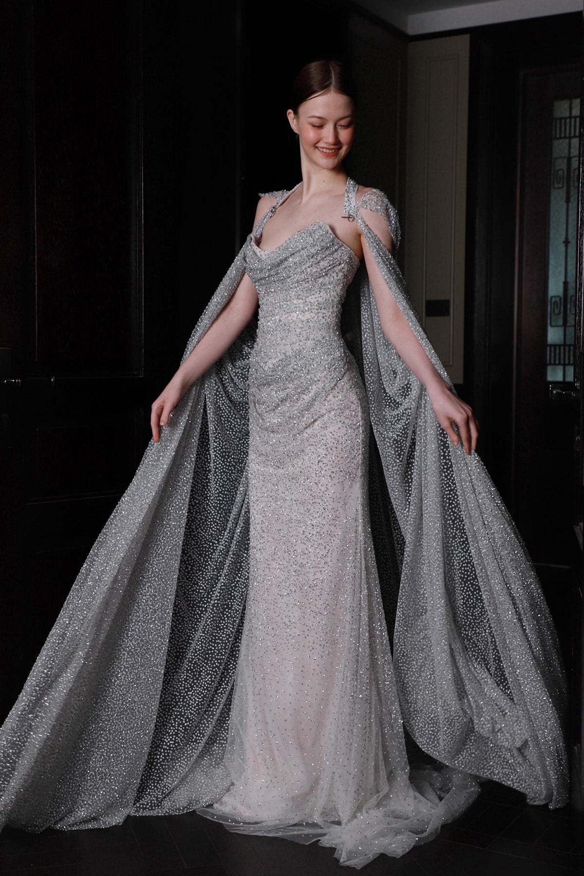 CS Crystal Silver Stone Cape Gown