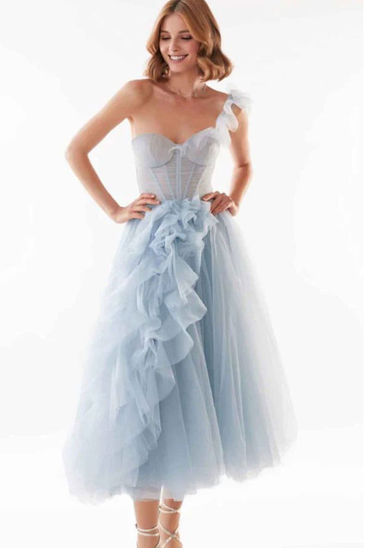 ML One Shoulder Blue Midi Gown