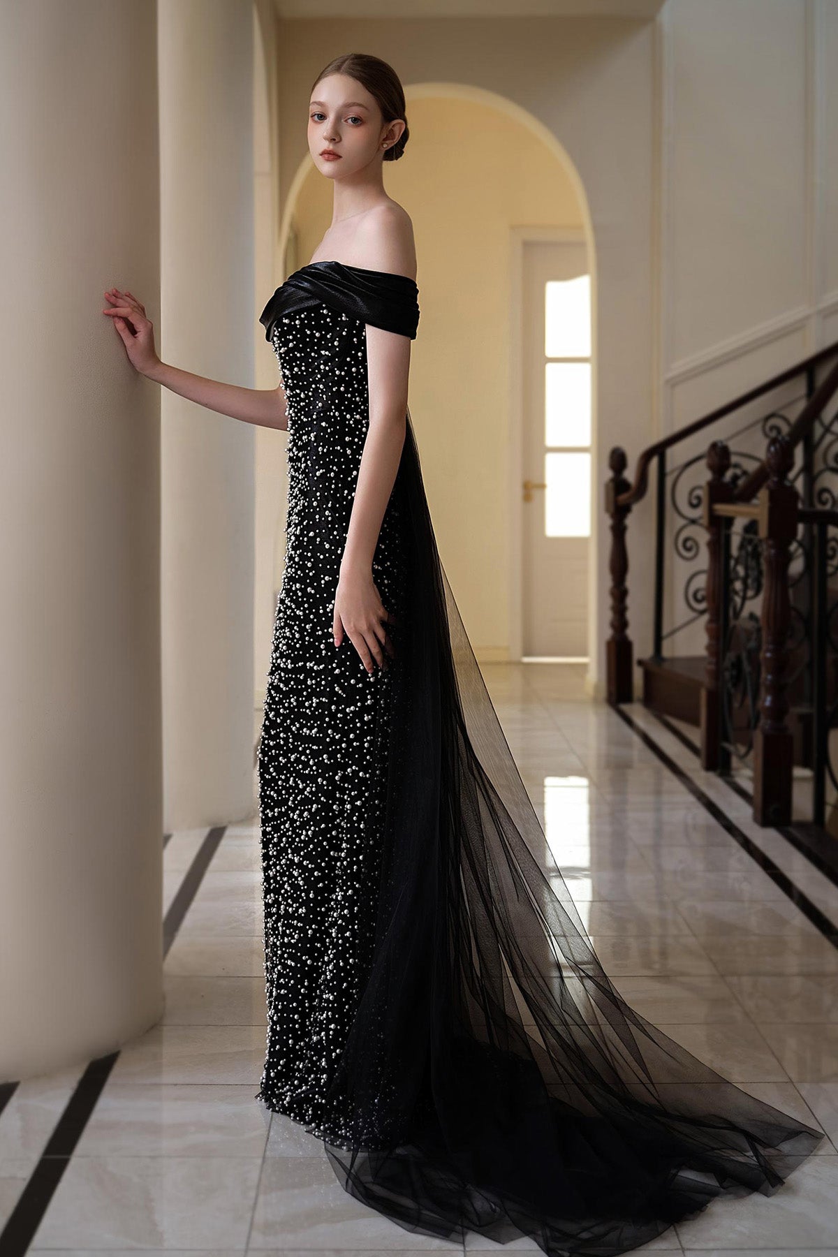 LX Pearl Black Off Shoulder Mermaid Gown