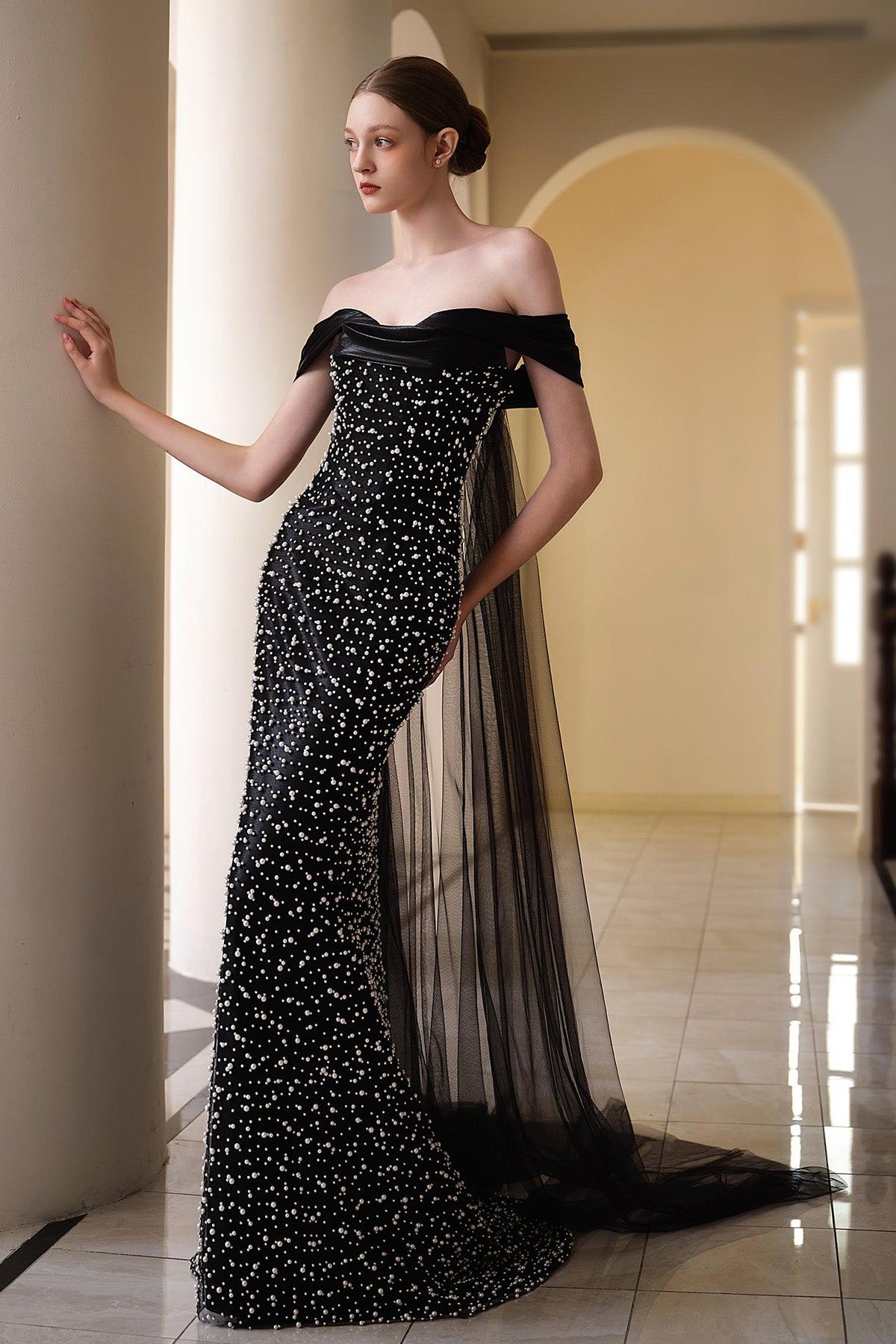 LX Pearl Black Off Shoulder Mermaid Gown