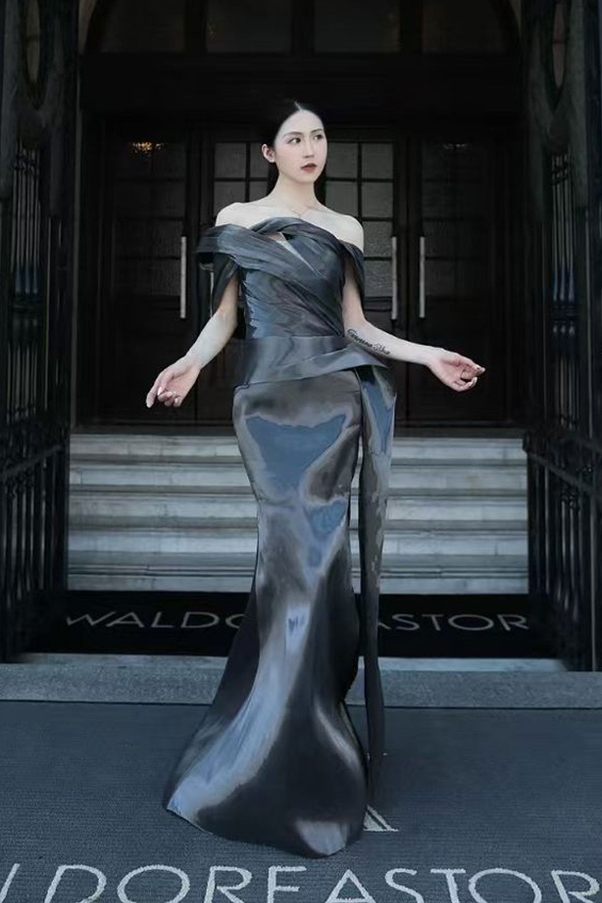 SV Liquid Black Off Shoulder Gown