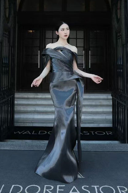 SV Liquid Black Off Shoulder Gown