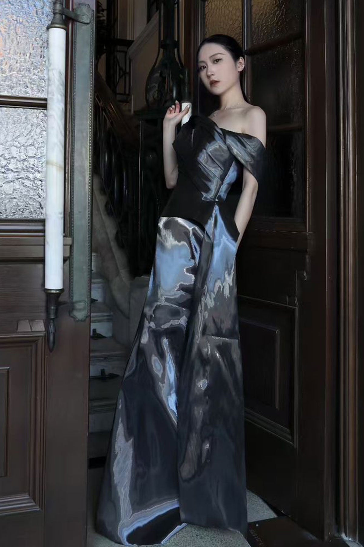 SV Liquid Black Off Shoulder Gown