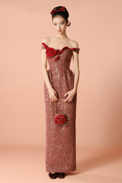 DG Burgundy Off Shoulder Gown