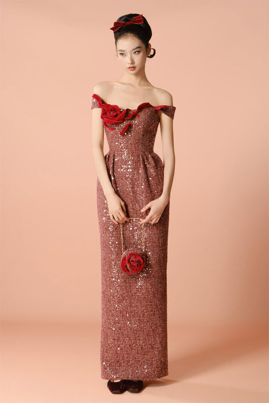 DG Burgundy Off Shoulder Gown