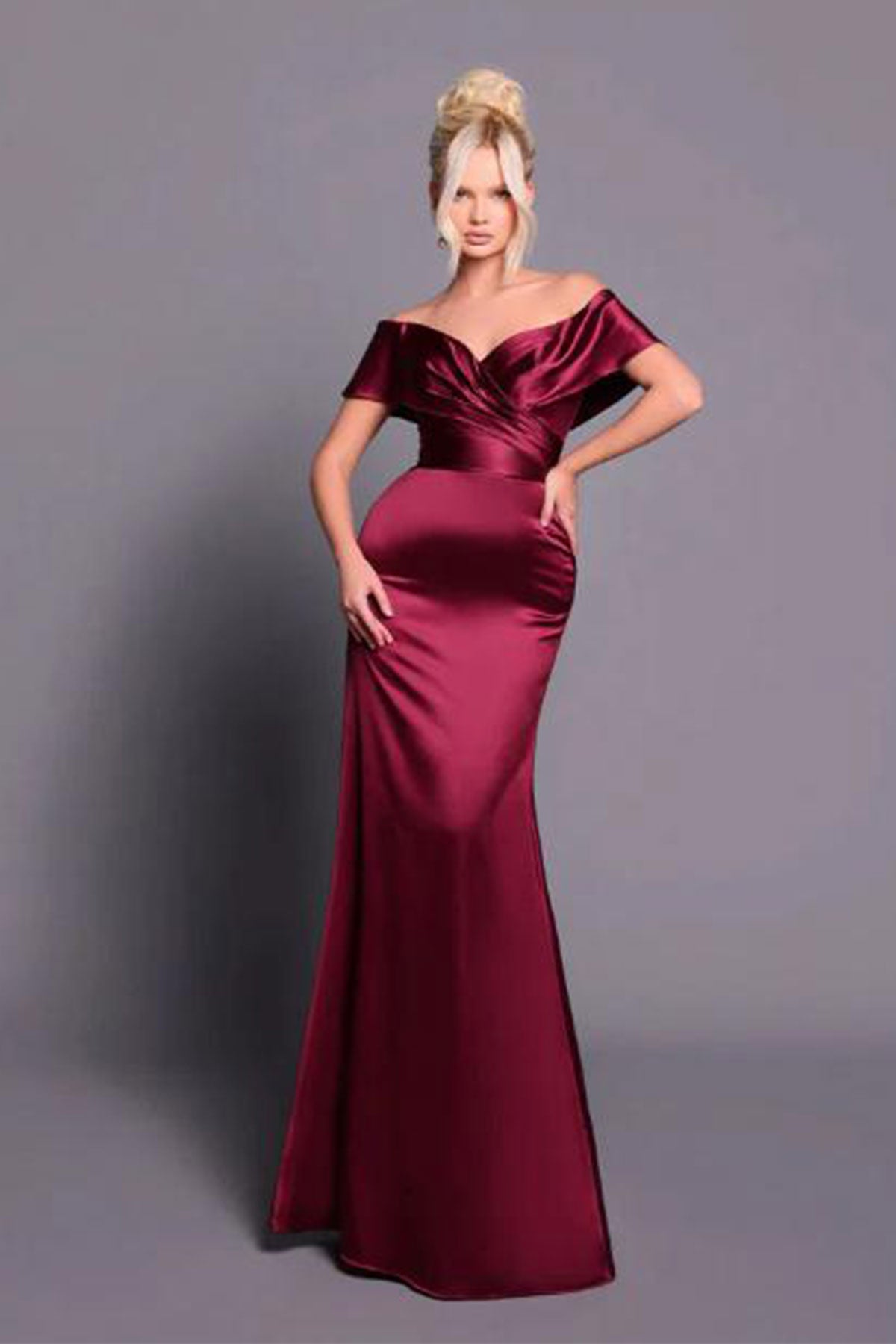 JA Megan Bardot Burgundy Satin Gown