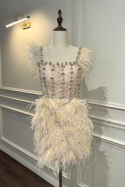 VD Champagne Feather Midi Gown