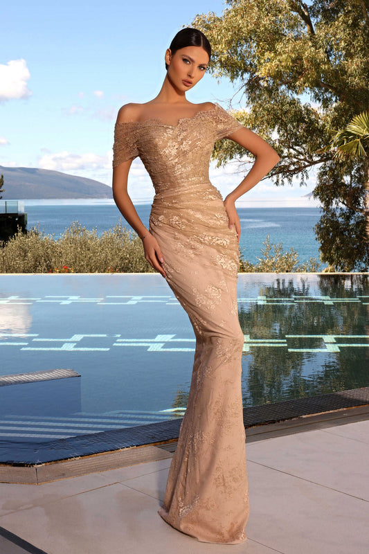 JA Raya Champagne Bardot Gown