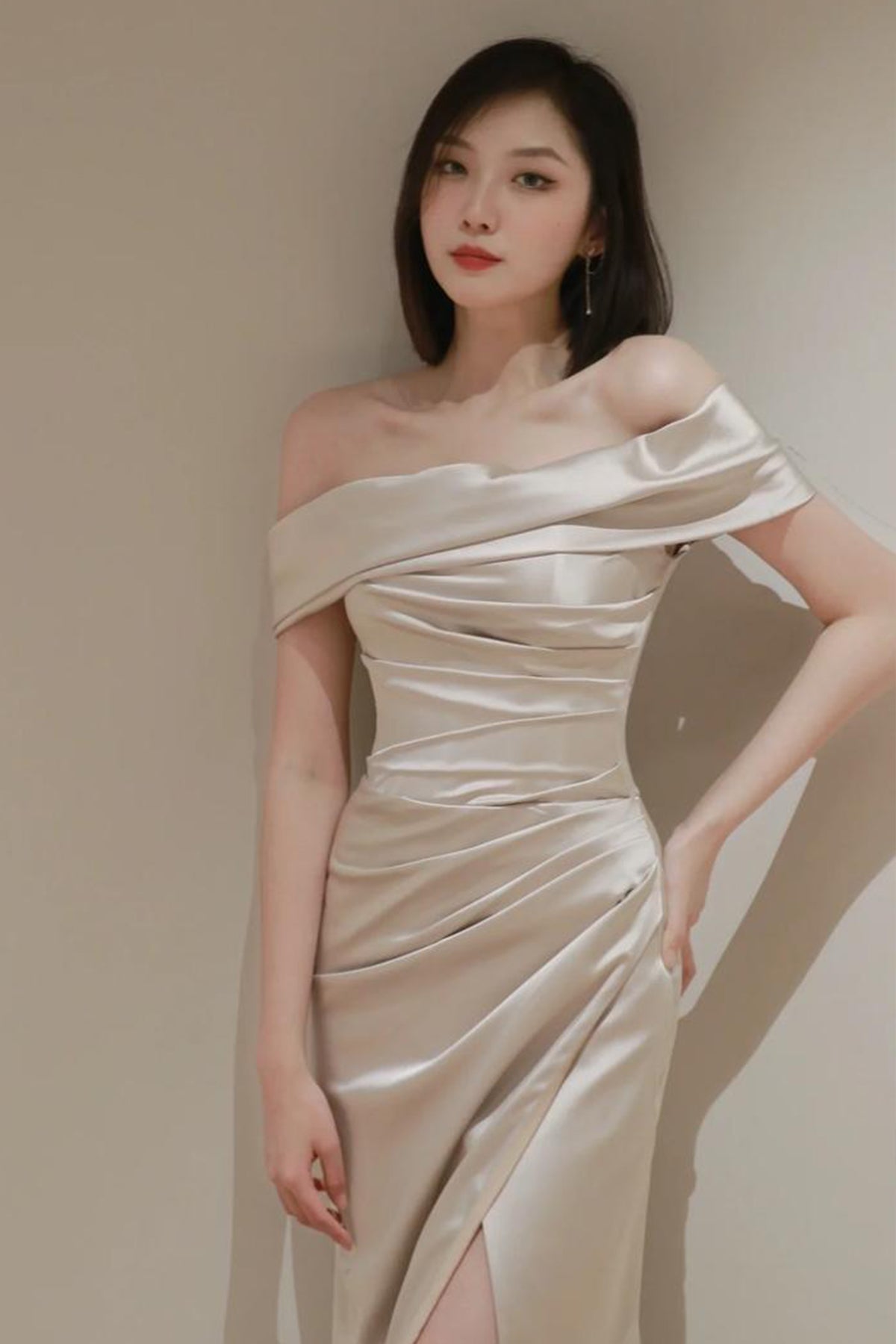 W Off Shoulder Cappuccino Satin Gown