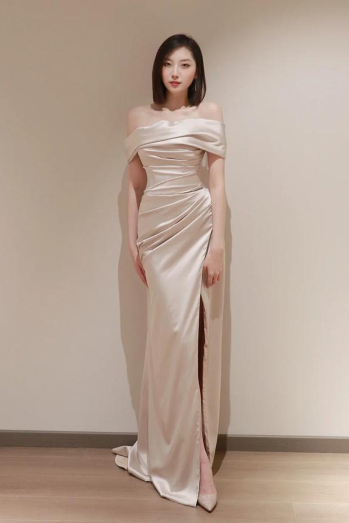 W Off Shoulder Cappuccino Satin Gown