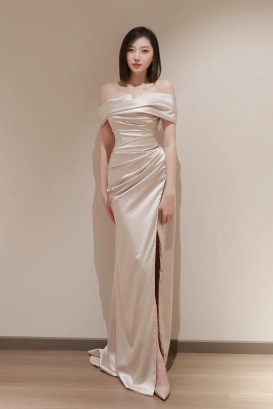 W Off Shoulder Cappuccino Satin Gown