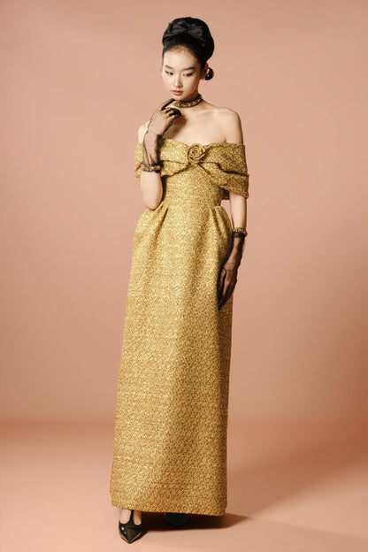 DG Bow Off Shoulder Gold Gown