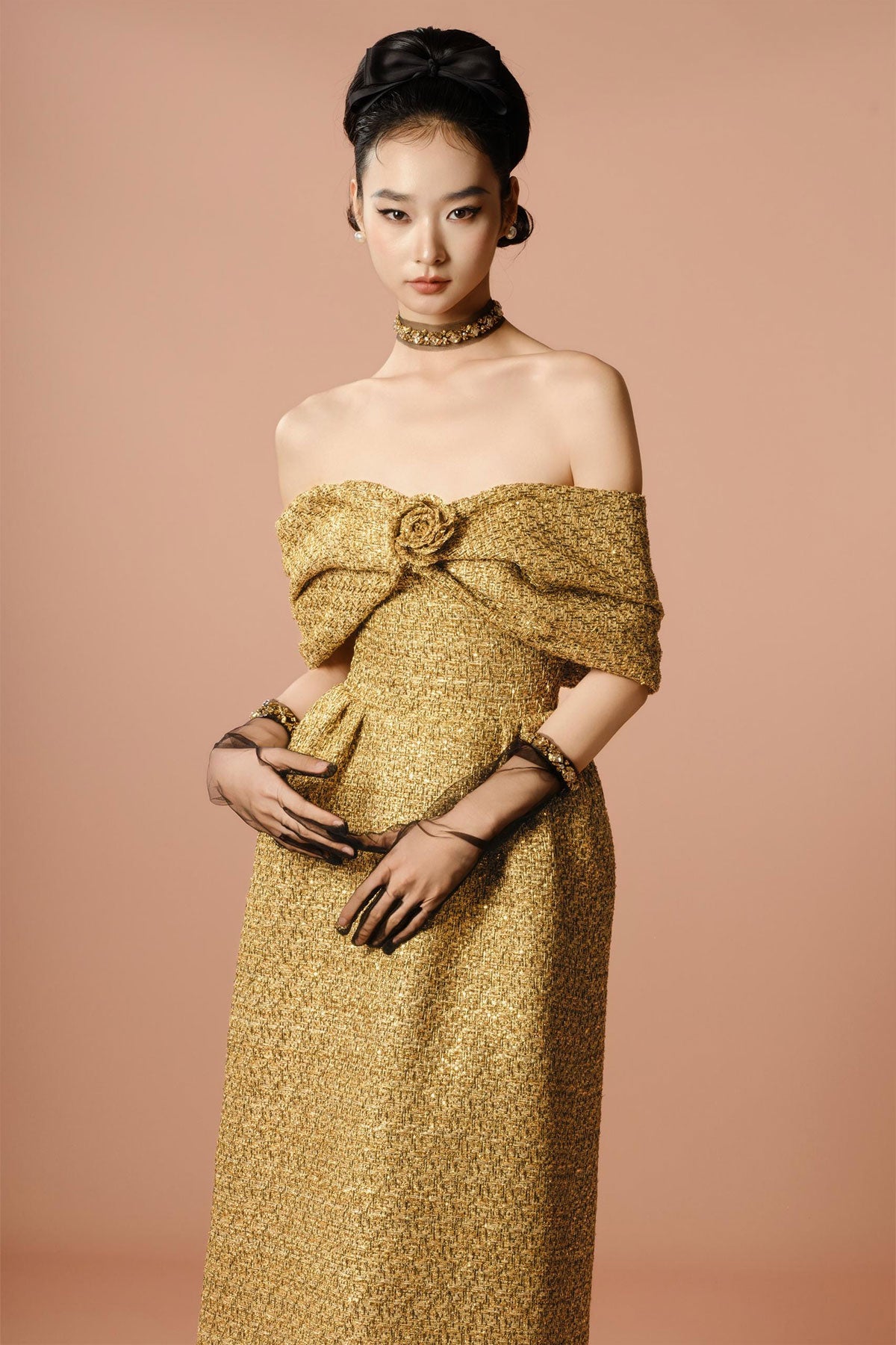 DG Bow Off Shoulder Gold Gown