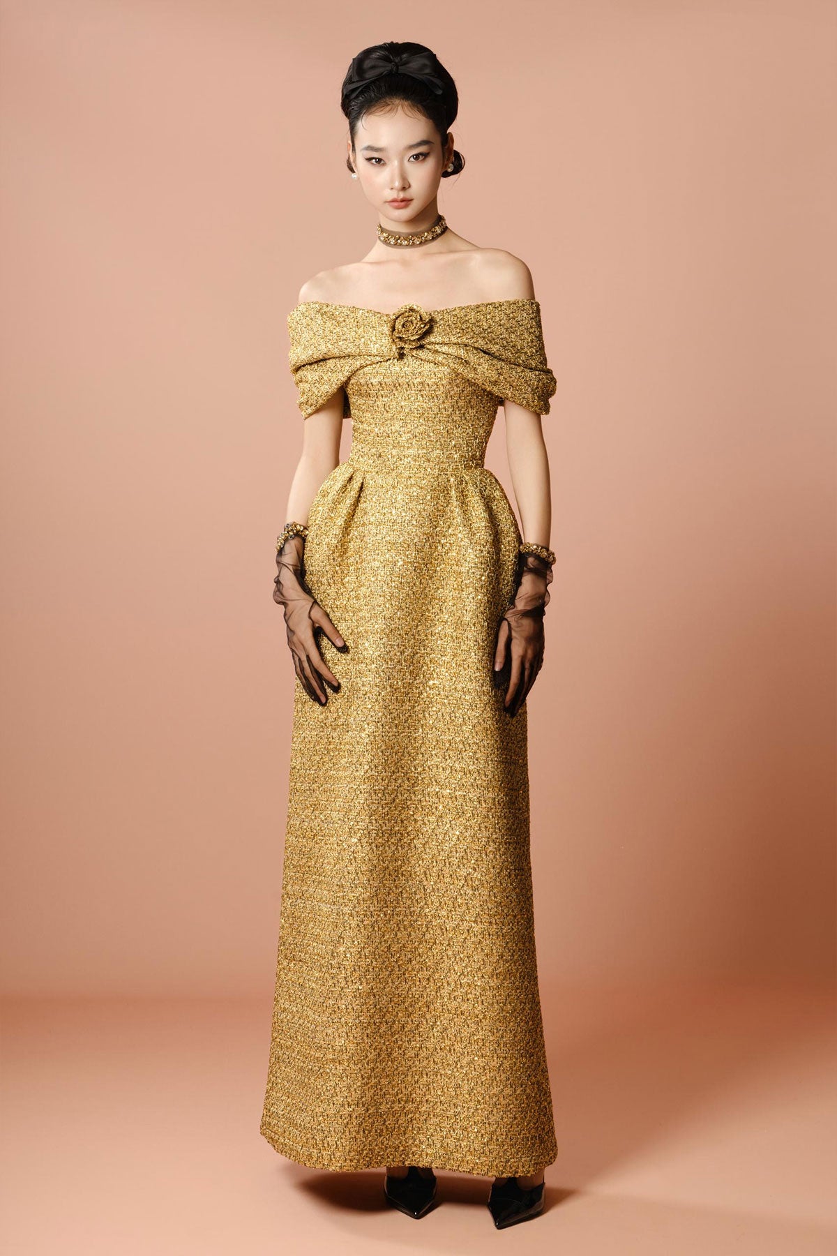 DG Bow Off Shoulder Gold Gown