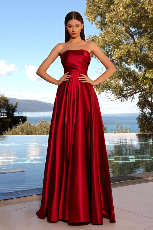 JA Catiana Maroon Flare Satin Gown
