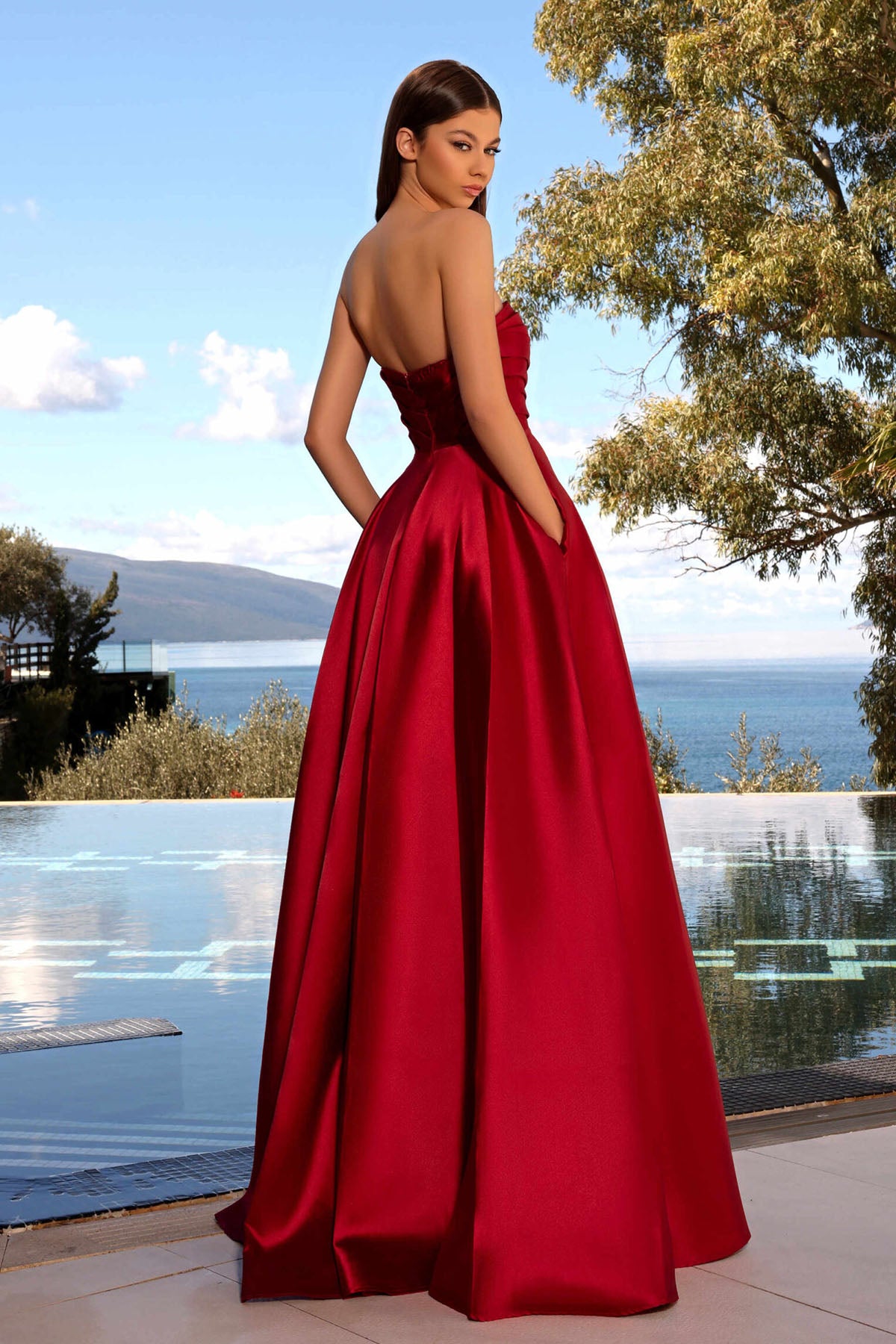JA Catiana Maroon Flare Satin Gown