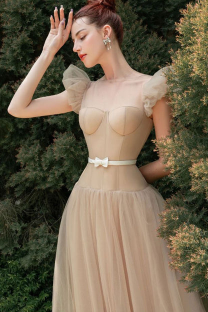 VD Calista Puffy Sleeve Nude Midi Gown