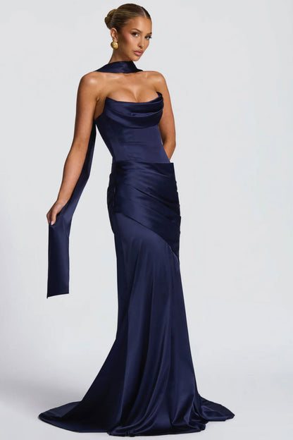Boo Cowl Tube Navy Satin Gown