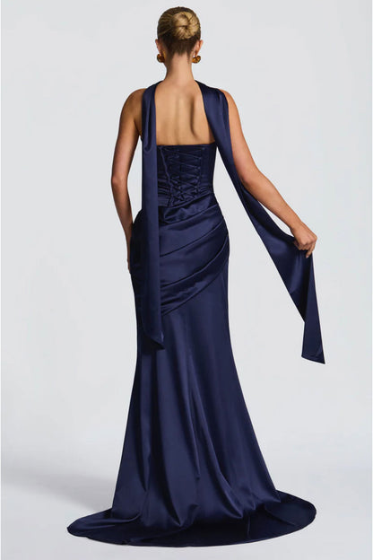 Boo Cowl Tube Navy Satin Gown