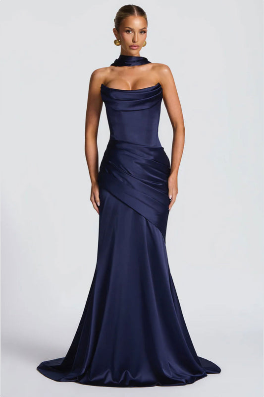 Boo Cowl Tube Navy Satin Gown