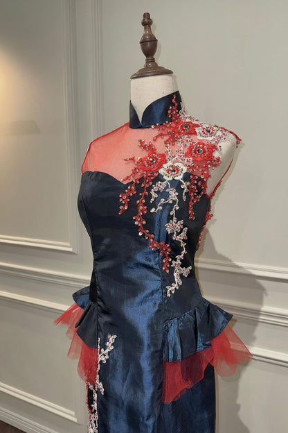 GH Navy Halter Peplum Cheongsam