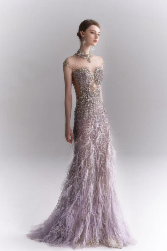 LH Tara Purple Feather Mermaid Gown