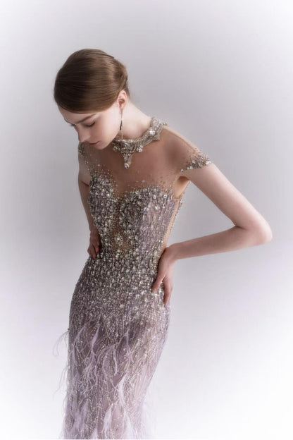 LH Tara Purple Feather Mermaid Gown