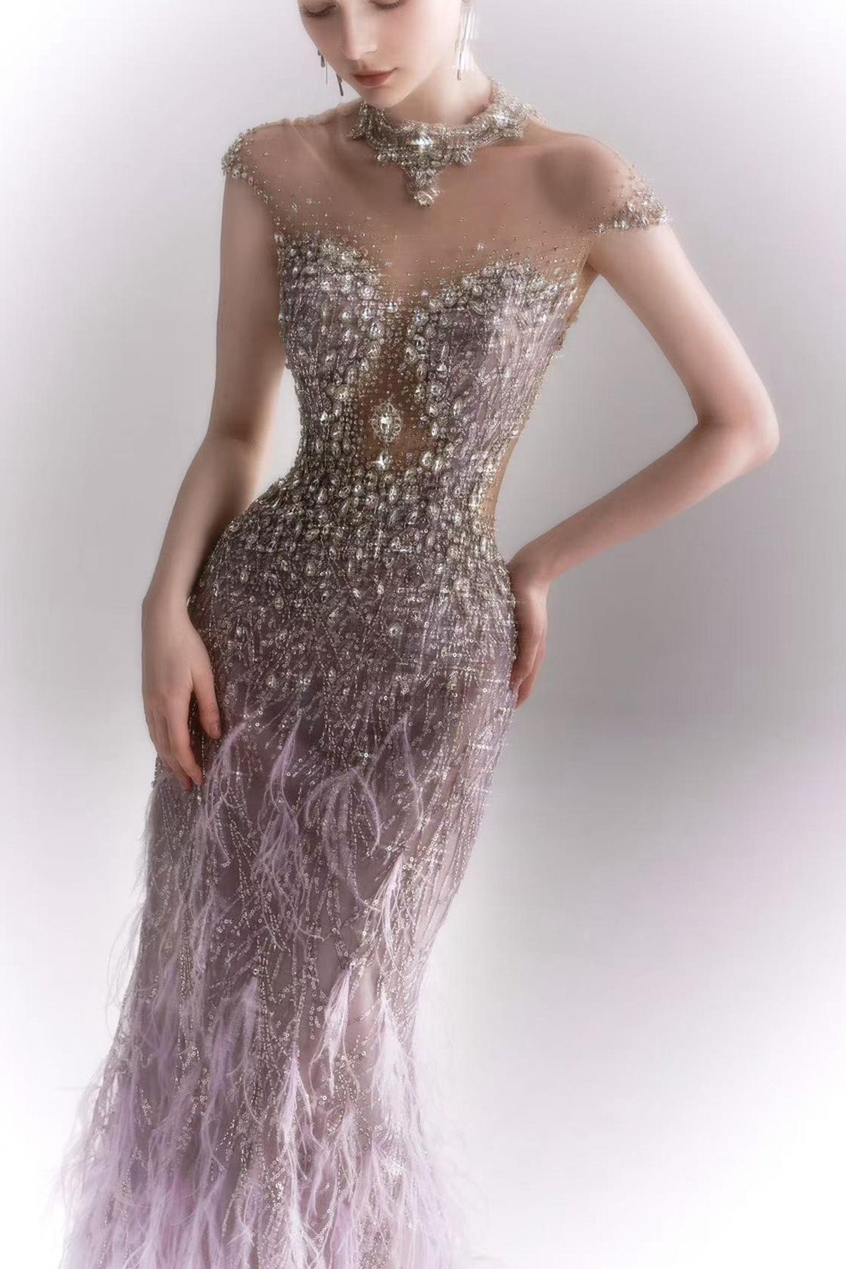 LH Tara Purple Feather Mermaid Gown