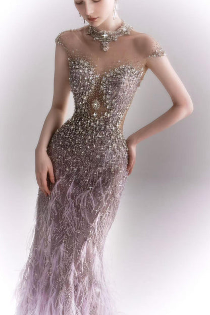 LH Tara Purple Feather Mermaid Gown