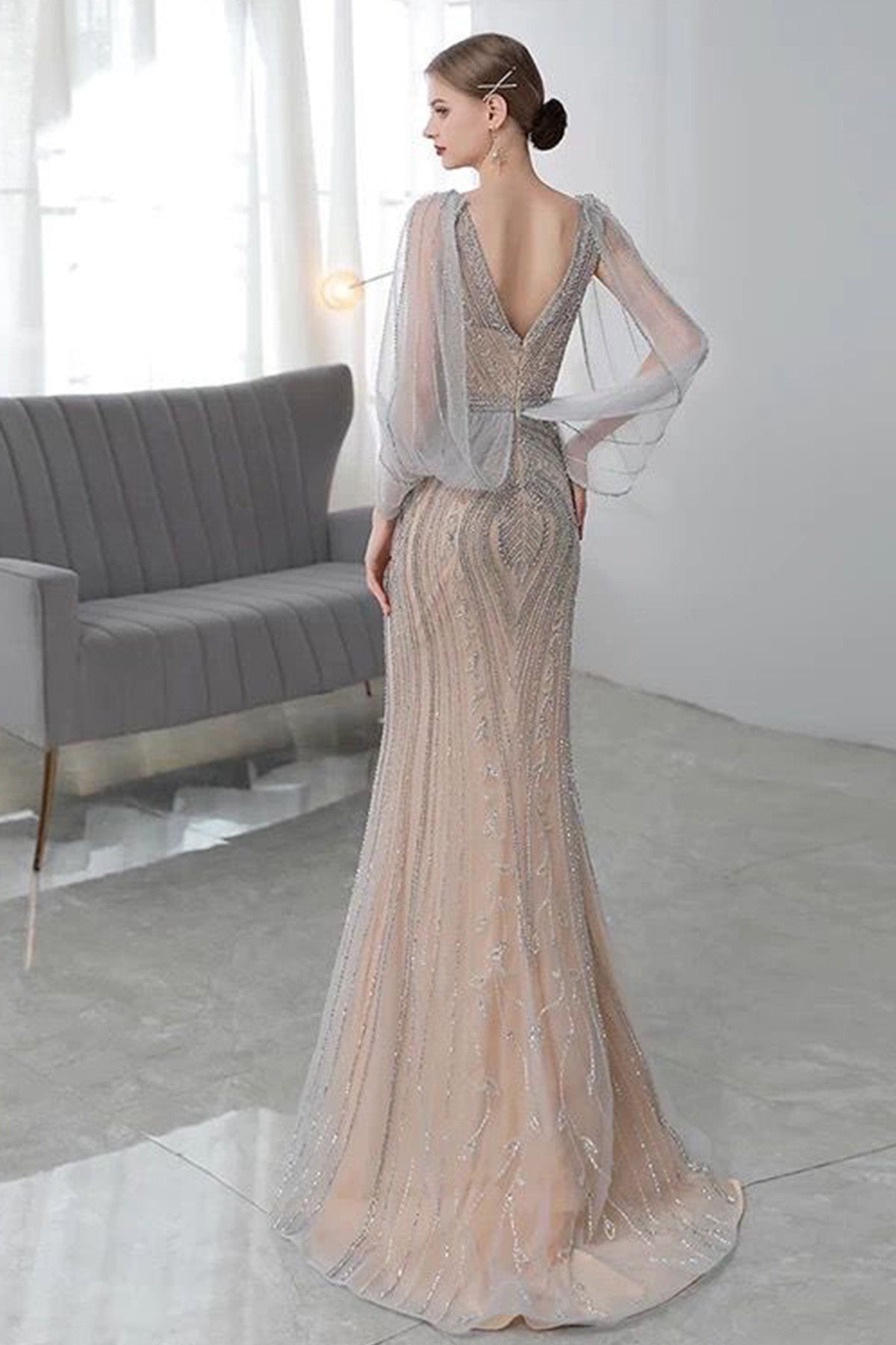 GH Cynthia SIlver Long Sleeve Gown