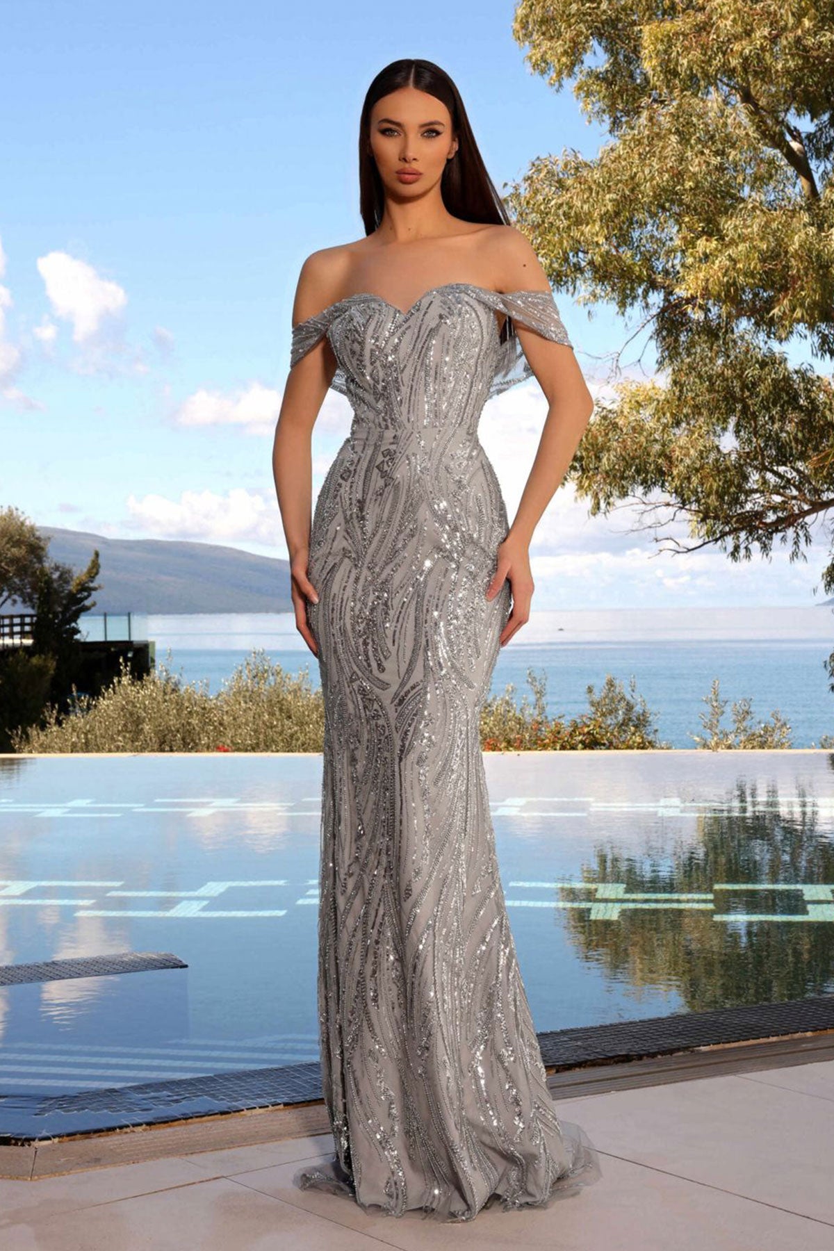 JA Hazel Silver Off Shoulder Gown