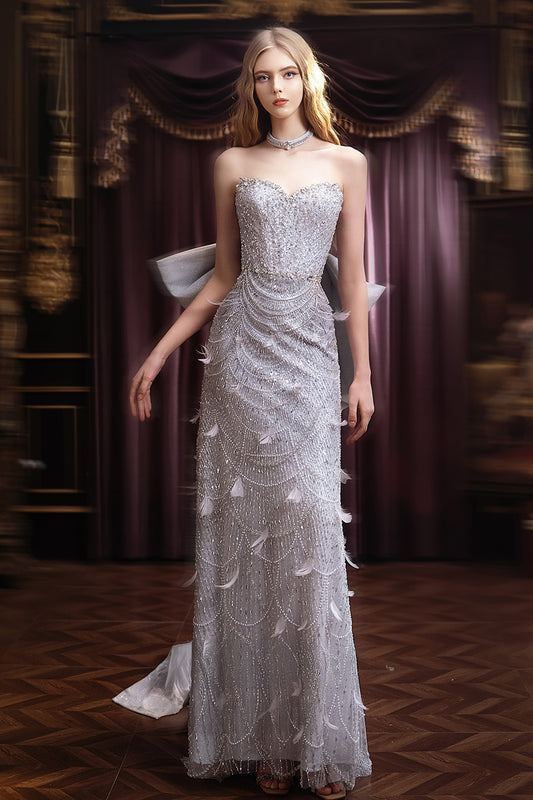 KM Jane Glitz Silver Feather Gown