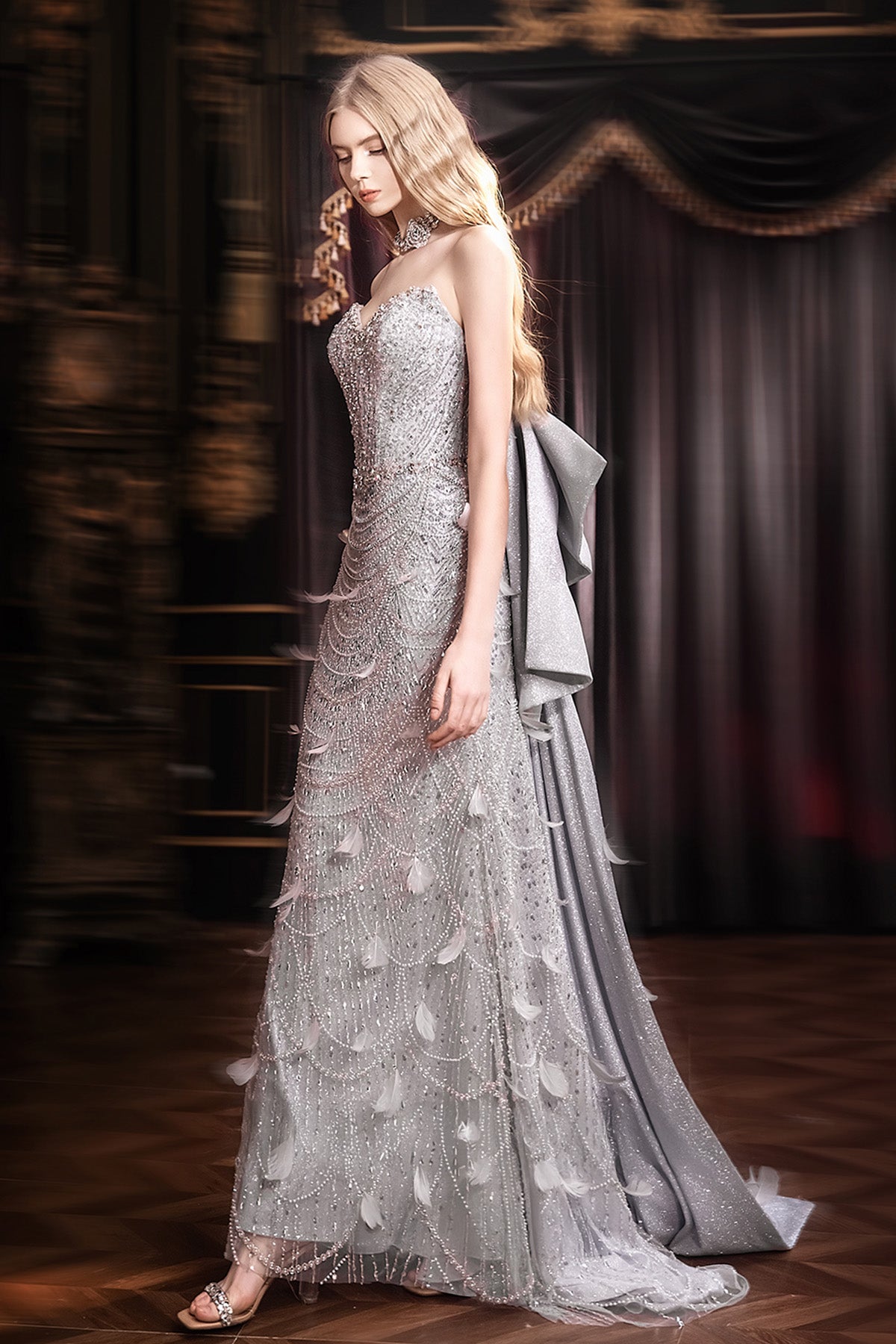 KM Jane Glitz Silver Feather Gown