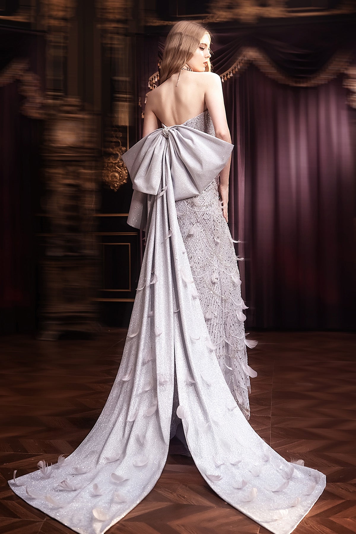 KM Jane Glitz Silver Feather Gown
