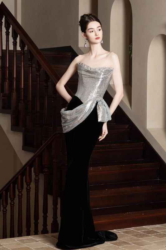 LX Silver Black Velvet Mermaid Gown