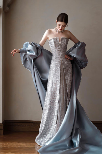 LX Kim Silver Tube Overskirt Gown