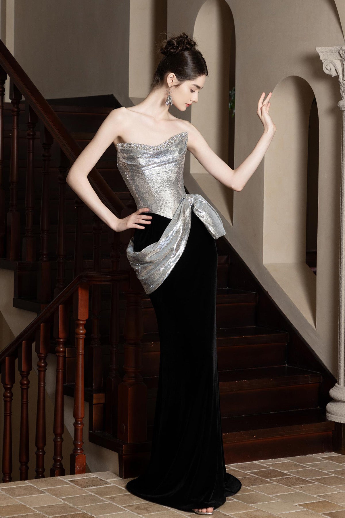 LX Silver Black Velvet Mermaid Gown